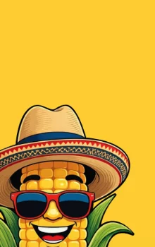 Mascota de maíz con sombrero y gafas de sol